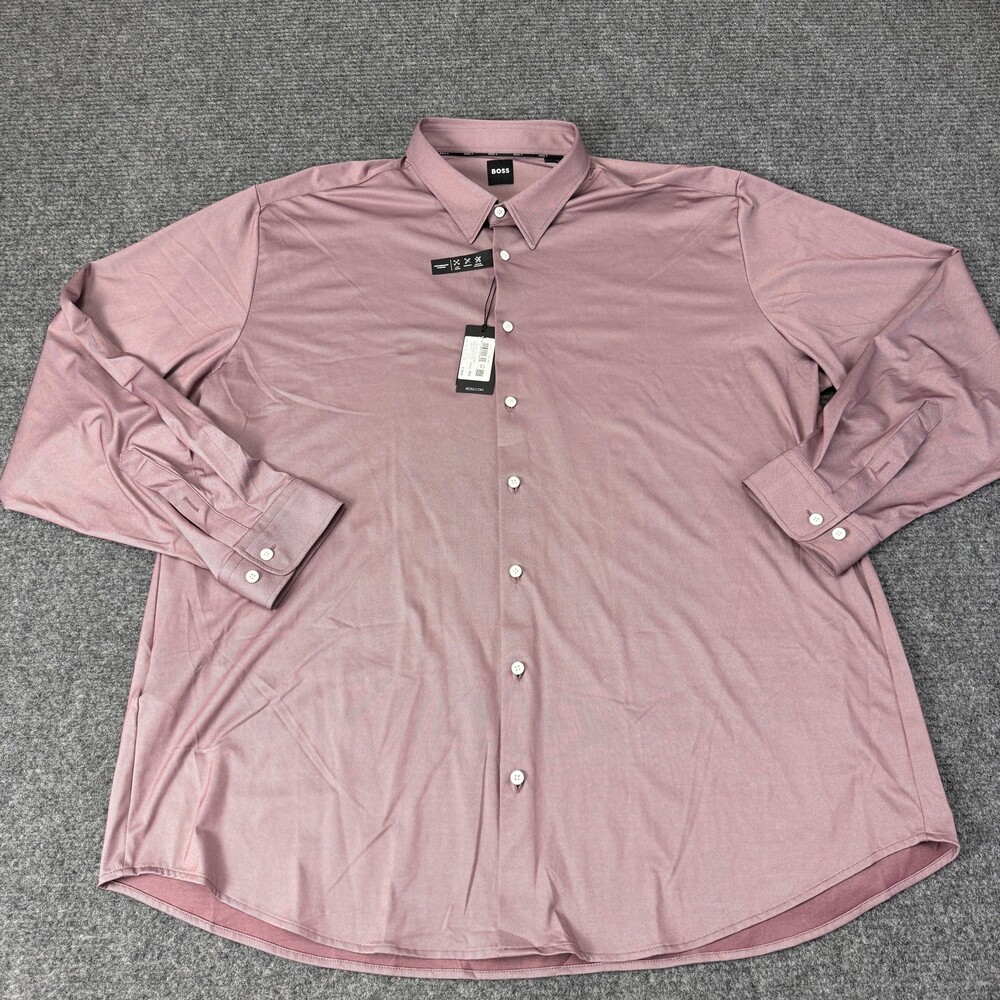 Hugo Boss Shirt Mens 3XL Pink Performance Stretch Long Sleeve Button Up Dress